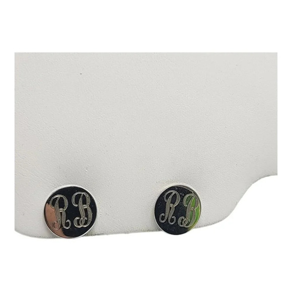 Sterling Silver .925 Round Engraved RB Initialed Screwback Earrings Vintage - Picture 2 of 4
